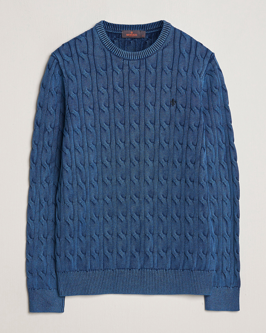 Herre | Trøjer | Morris | Ethan Cotton Cable Crew Neck Blue