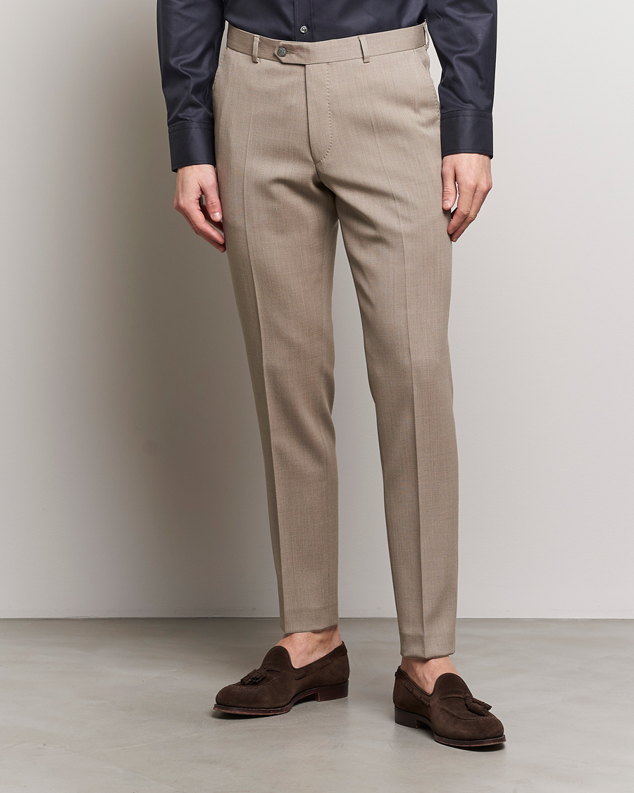 Herre | Dressbukser | Oscar Jacobson | Denz Structured Wool Trousers Beige
