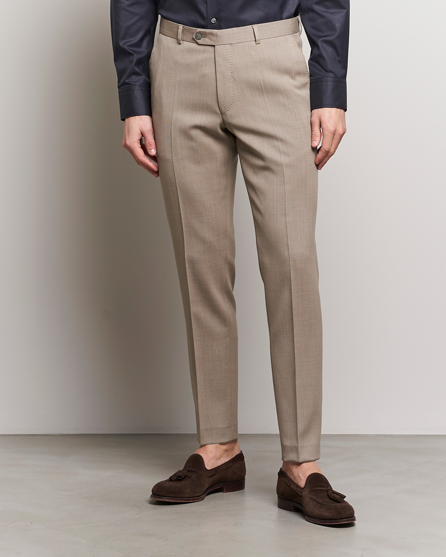 Herre | Habitbukser | Oscar Jacobson | Denz Structured Wool Trousers Beige