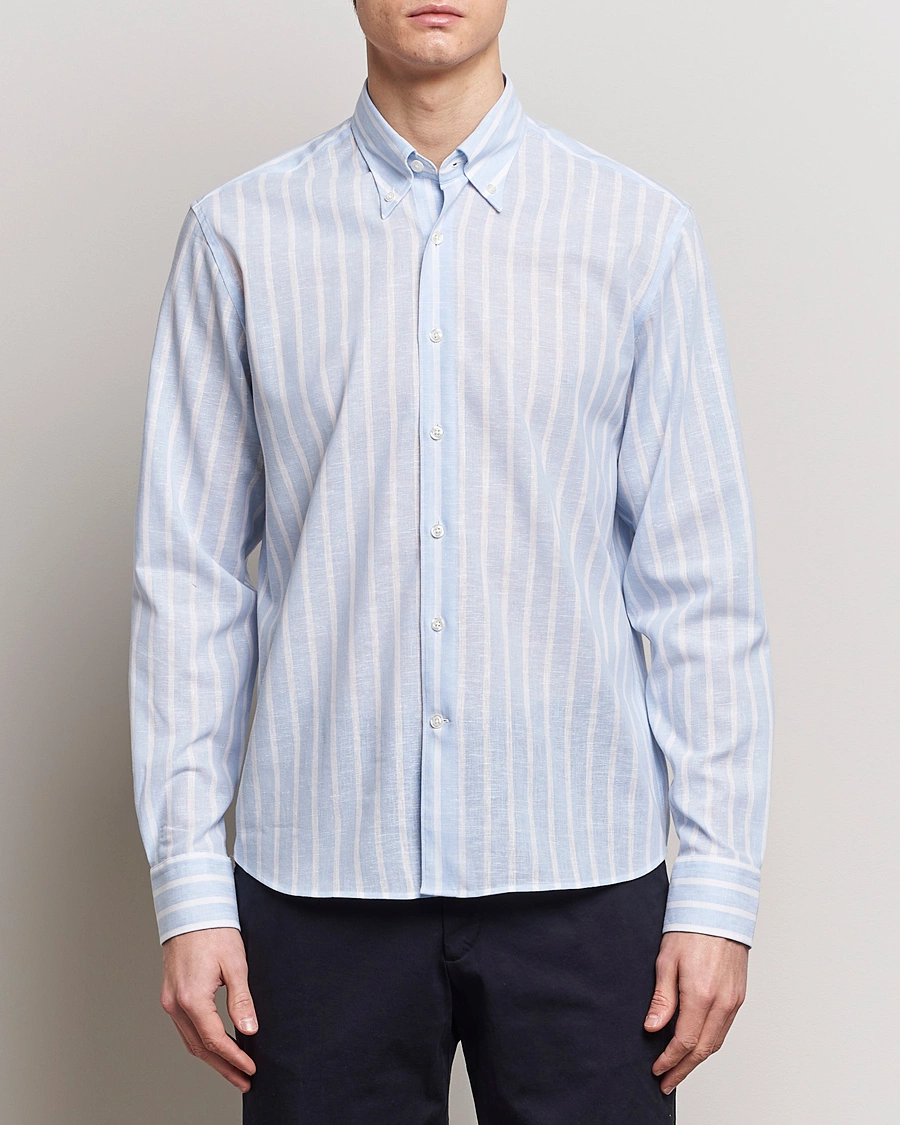 Herre |  | Oscar Jacobson | Regular Fit Striped Linen Shirt Light Blue