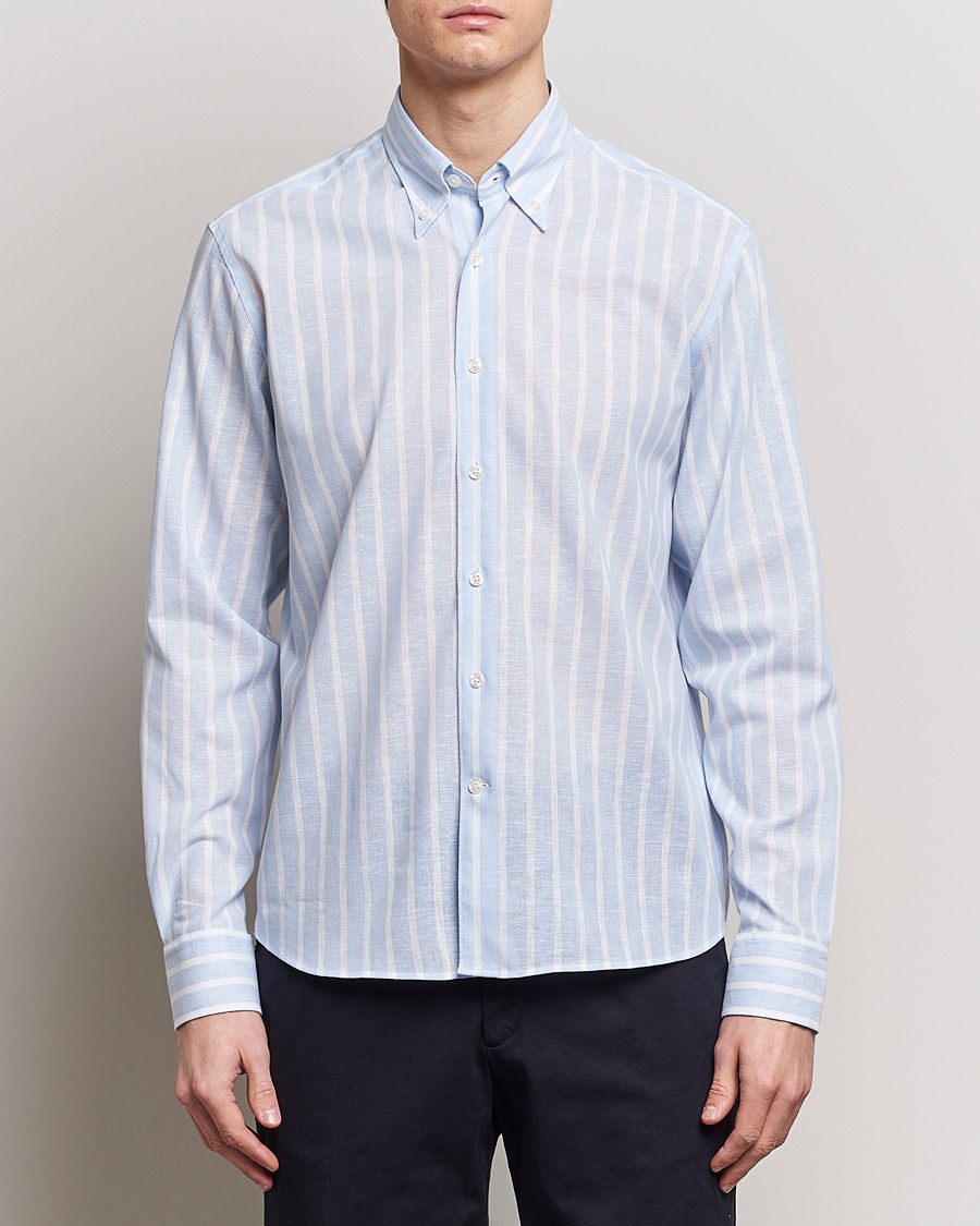 Herre | The linen lifestyle | Oscar Jacobson | Regular Fit Striped Linen Shirt Light Blue