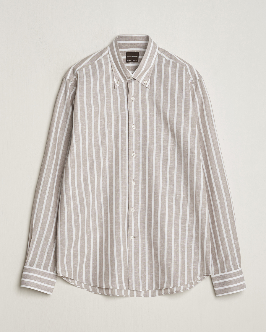 Herre |  | Oscar Jacobson | Regular Fit Striped Linen Shirt Brown