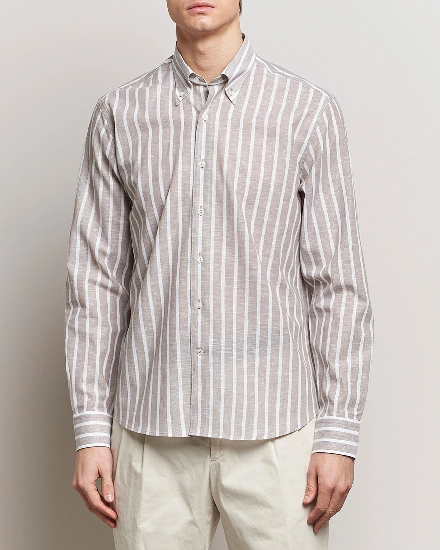 Herre | Hørskjorter | Oscar Jacobson | Regular Fit Striped Linen Shirt Brown