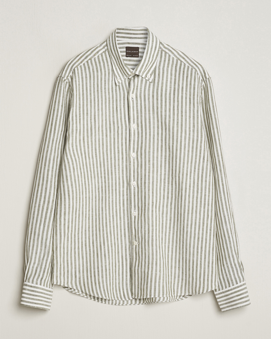 Herre | Skjorter | Oscar Jacobson | Regular Fit Dress Stripe Linen Shirt Green