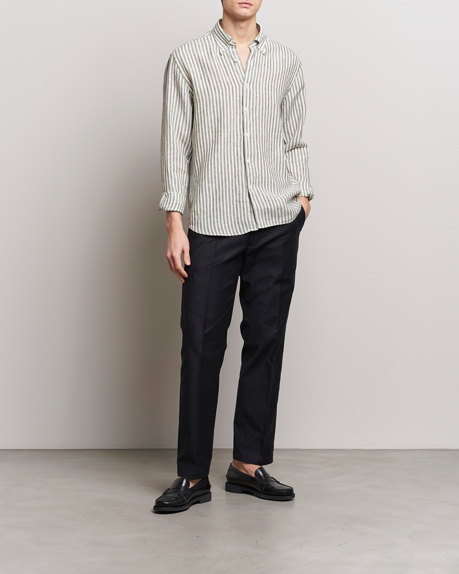 Herre | Skjorter | Oscar Jacobson | Regular Fit Dress Stripe Linen Shirt Green