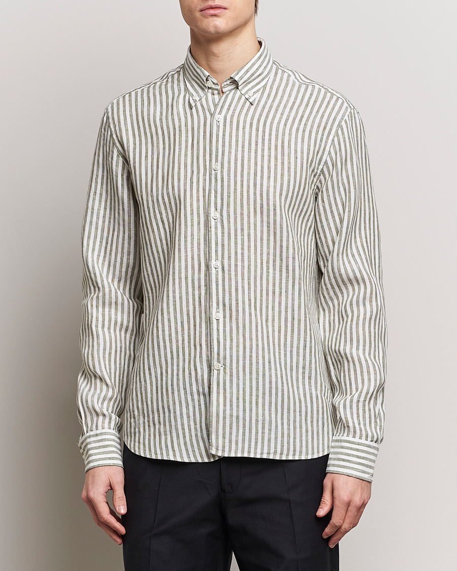 Herr | Oscar Jacobson | Oscar Jacobson | Regular Fit Dress Stripe Linen Shirt Green