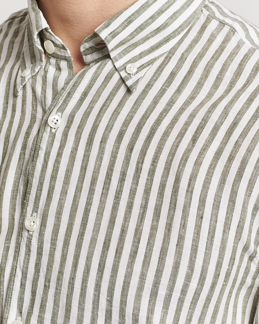 Herre | Skjorter | Oscar Jacobson | Regular Fit Dress Stripe Linen Shirt Green