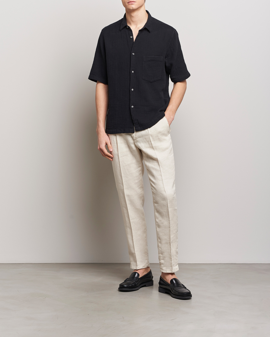 Herre | Skjorter | Oscar Jacobson | Short Sleeve City Crepe Cotton Shirt Black