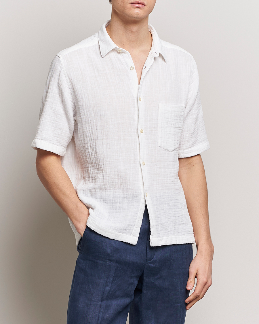 Herre | Skjorter | Oscar Jacobson | Short Sleeve City Crepe Cotton Shirt White