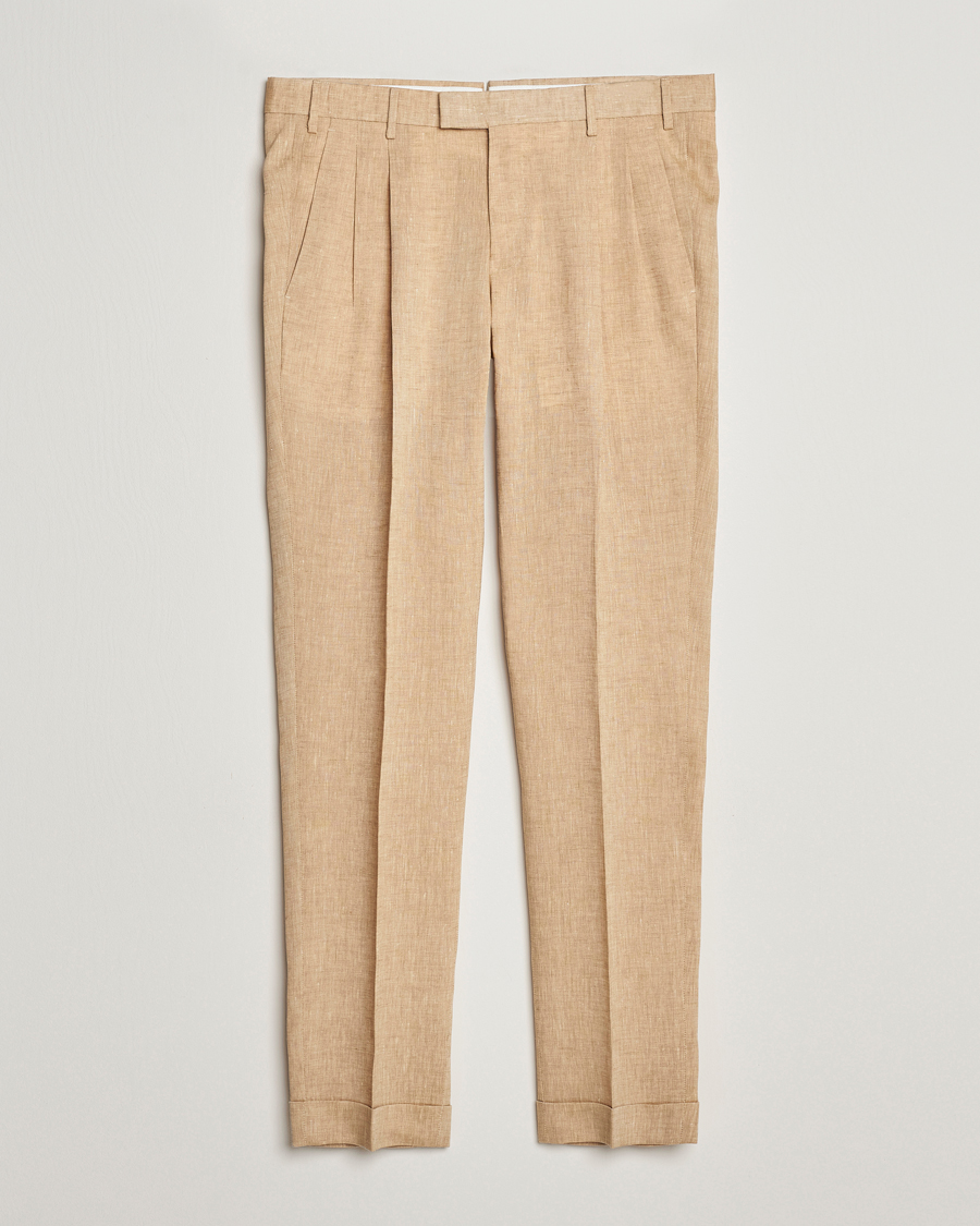 Herr |  | PT01 | Slim Fit Pleated Linen Trousers Light Beige