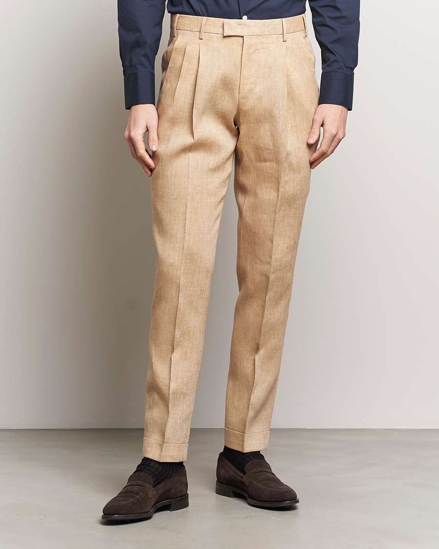 Herre | PT01 | PT01 | Slim Fit Pleated Linen Trousers Light Beige