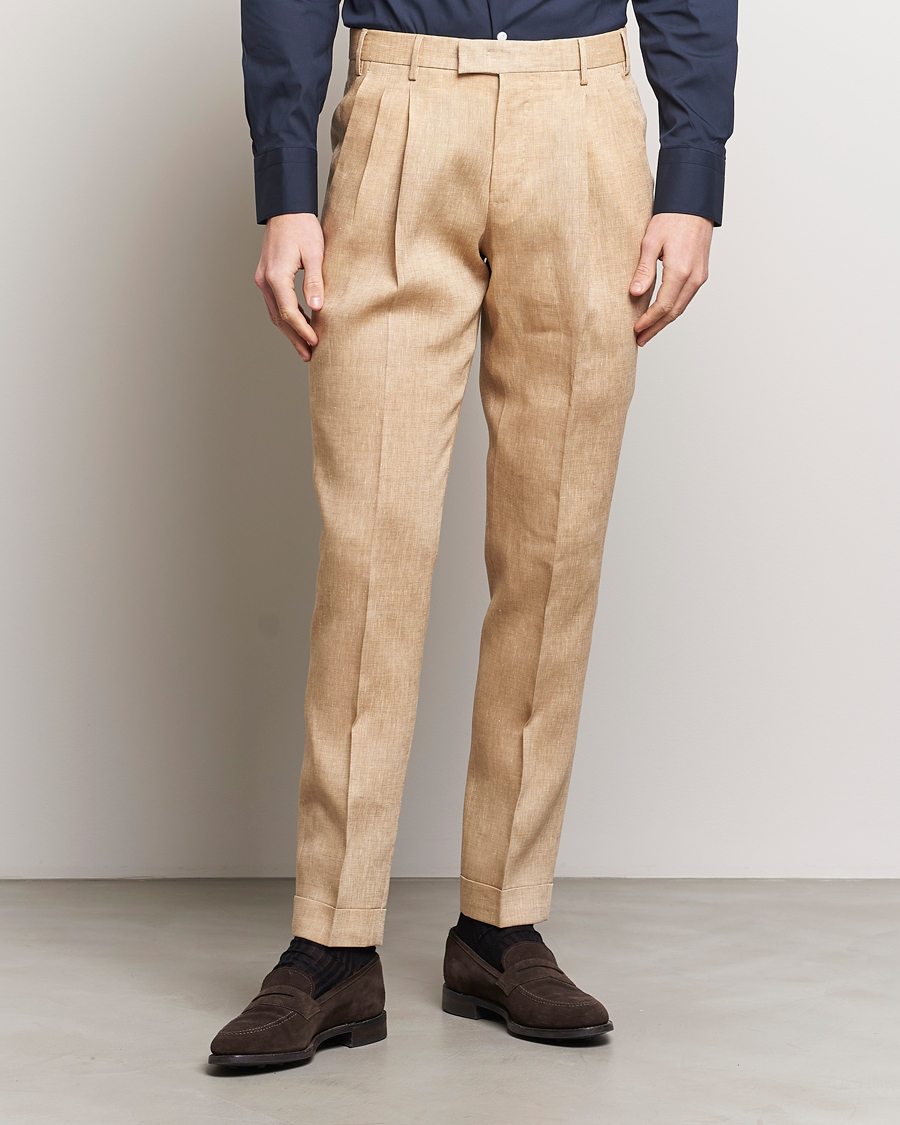 Herre | Tøj | PT01 | Slim Fit Pleated Linen Trousers Light Beige