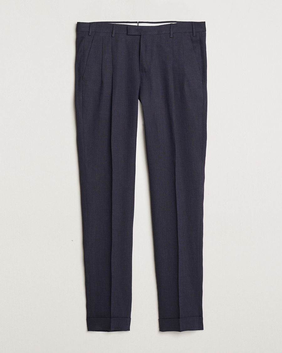 Herr |  | PT01 | Slim Fit Pleated Linen Trousers Navy