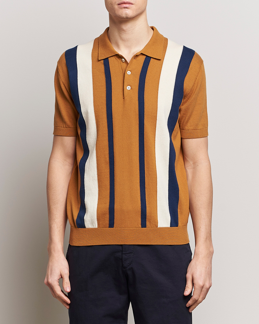 Herre |  | Baracuta | Stripe Knitted Short Sleeve Polo Pumpkin Spice