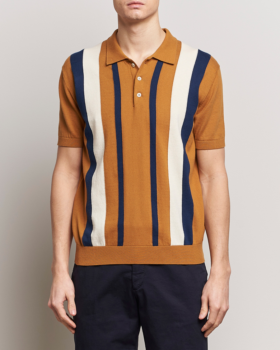 Herre | Tøj | Baracuta | Stripe Knitted Short Sleeve Polo Pumpkin Spice