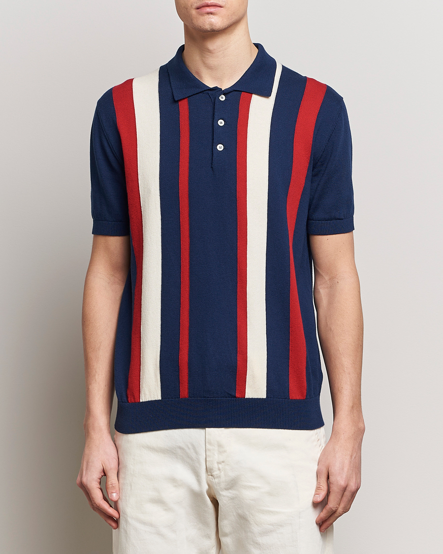 Herre |  | Baracuta | Stripe Knitted Short Sleeve Polo Navy