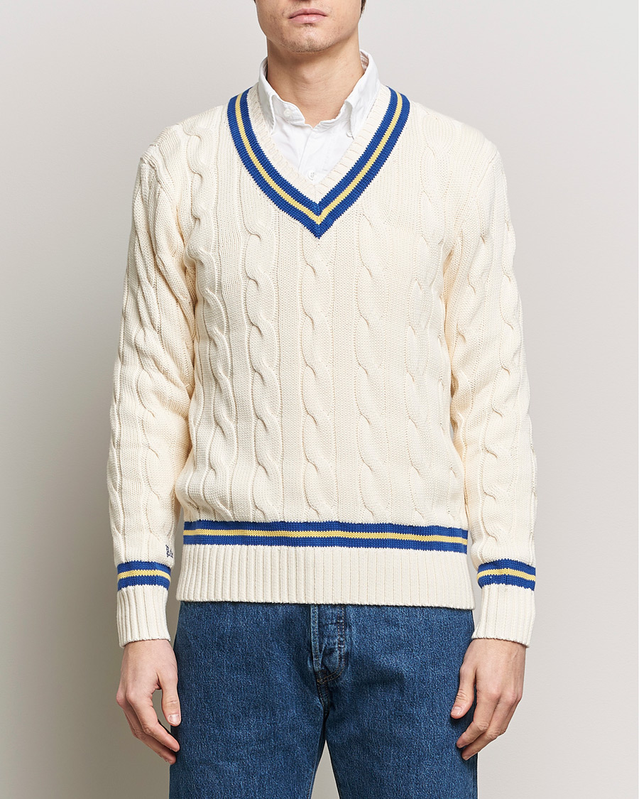 Herre | Strikkede trøjer | Polo Ralph Lauren | Cricket Cotton V-Neck Sweater Cream/Navy Stripe