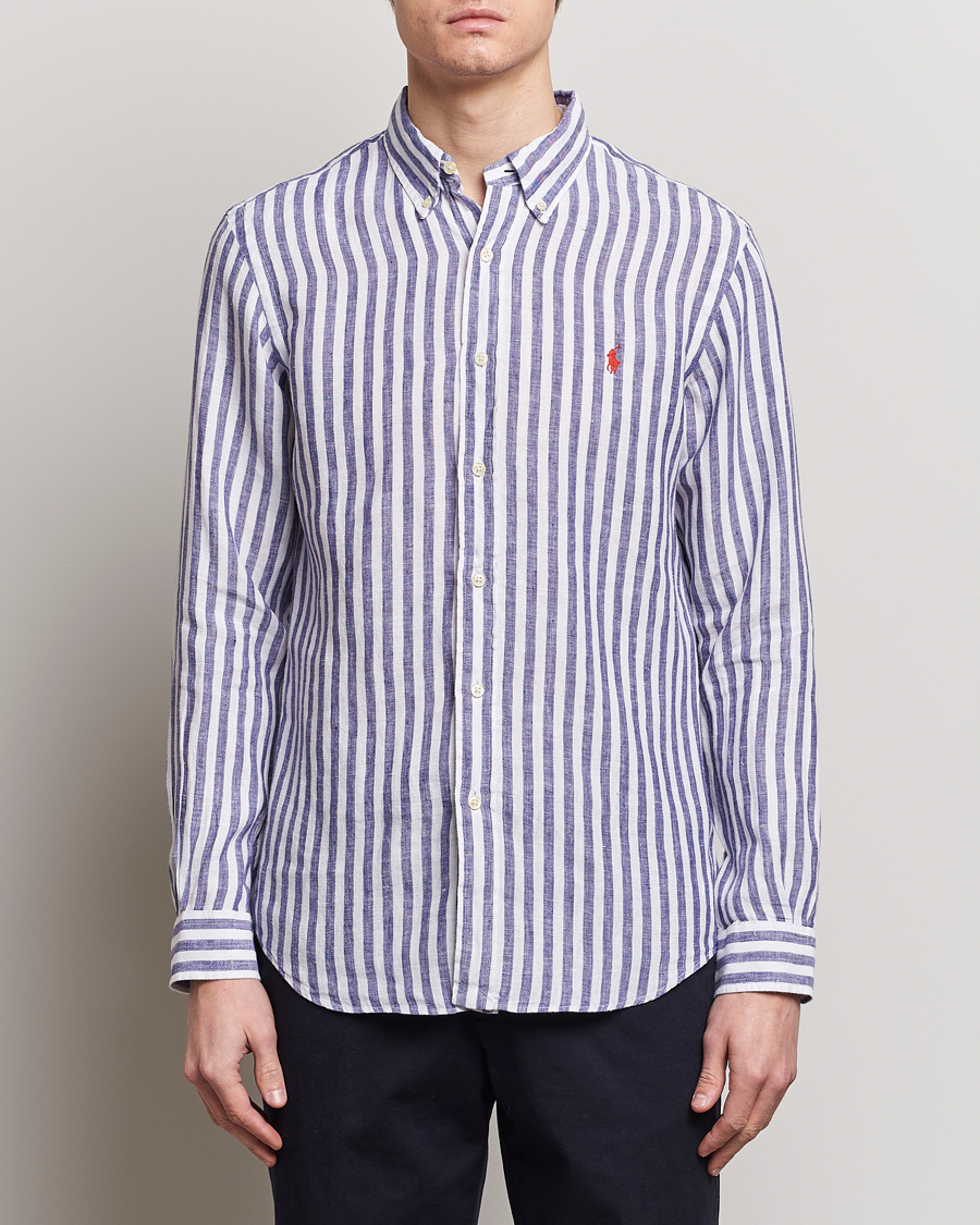 Herre |  | Polo Ralph Lauren | Custom Fit Striped Linen Shirt Blue/White