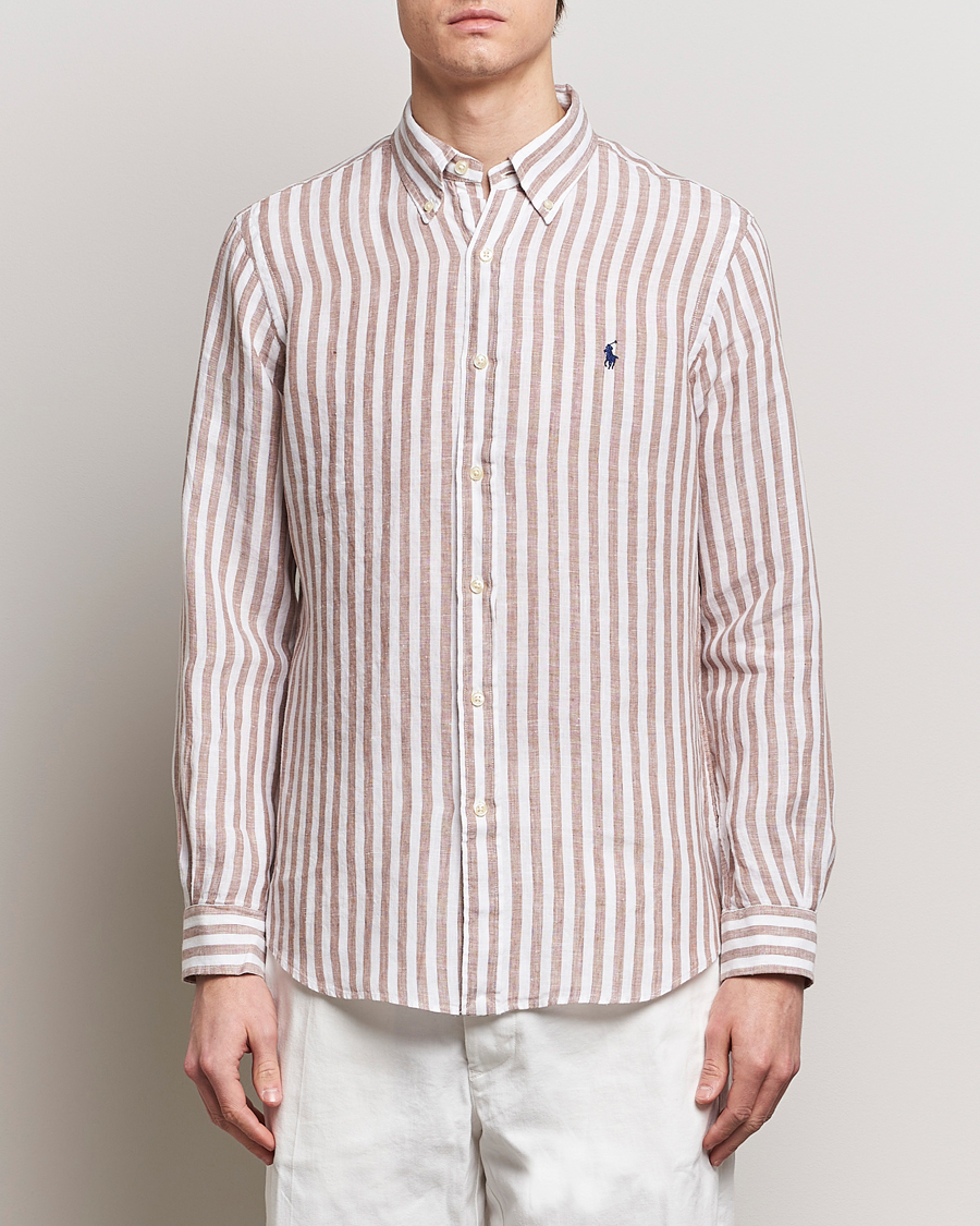 Herre | Only Polo | Polo Ralph Lauren | Custom Fit Striped Linen Shirt Khaki/White
