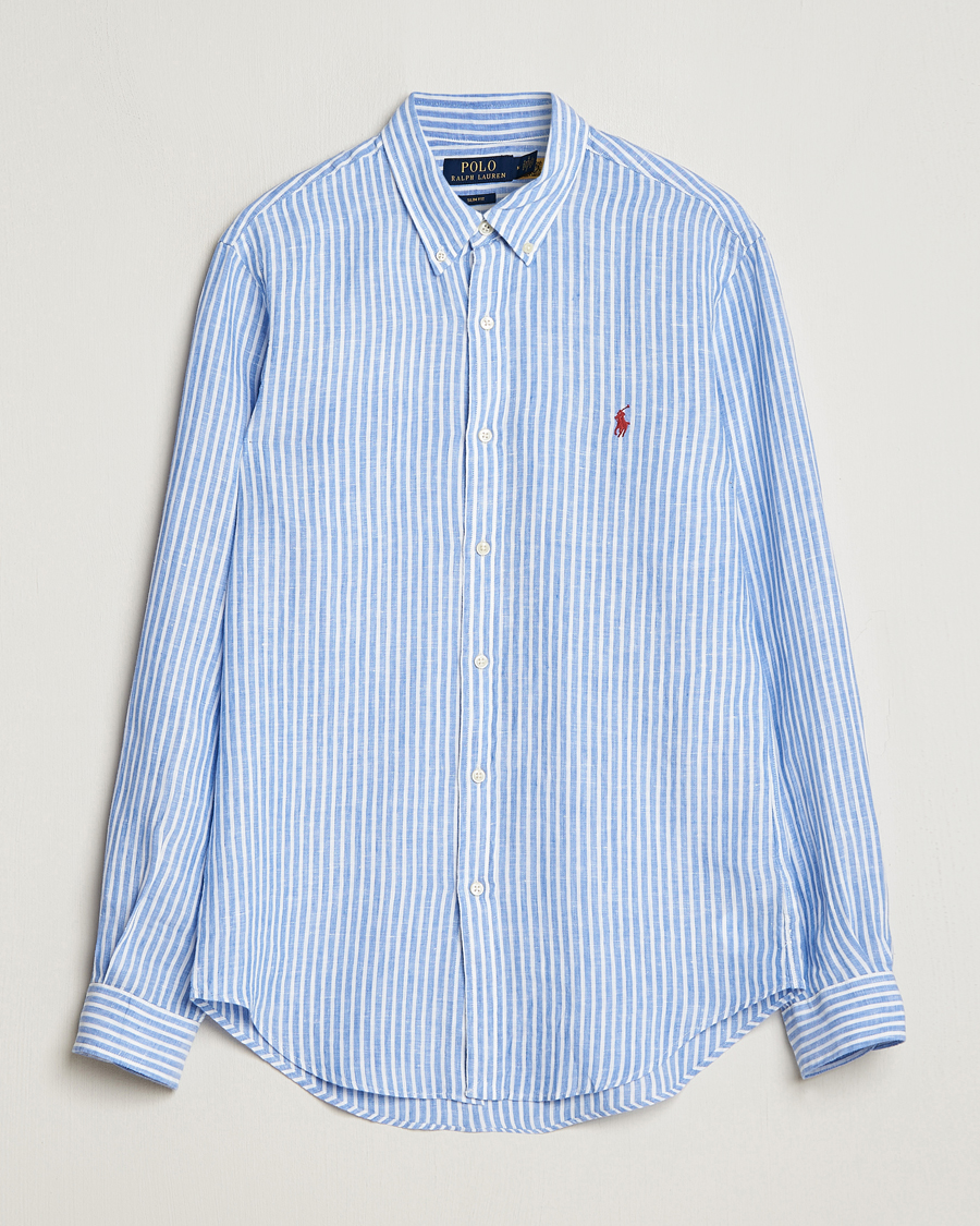 Herre | Skjorter | Polo Ralph Lauren | Slim Fit Striped Button Down Linen Shirt Blue/White