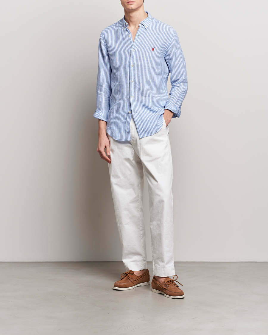 Herre | Skjorter | Polo Ralph Lauren | Slim Fit Striped Button Down Linen Shirt Blue/White