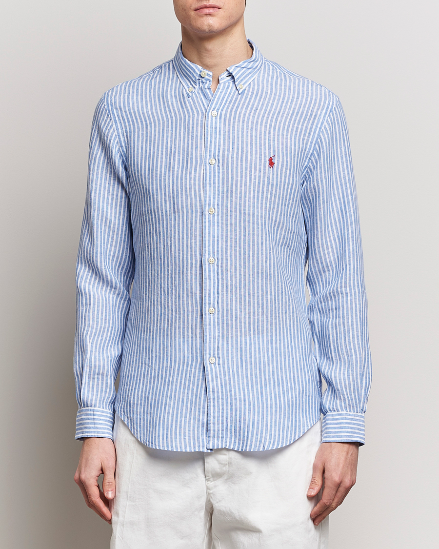 Herre | Linskjorter | Polo Ralph Lauren | Slim Fit Striped Button Down Linen Shirt Blue/White