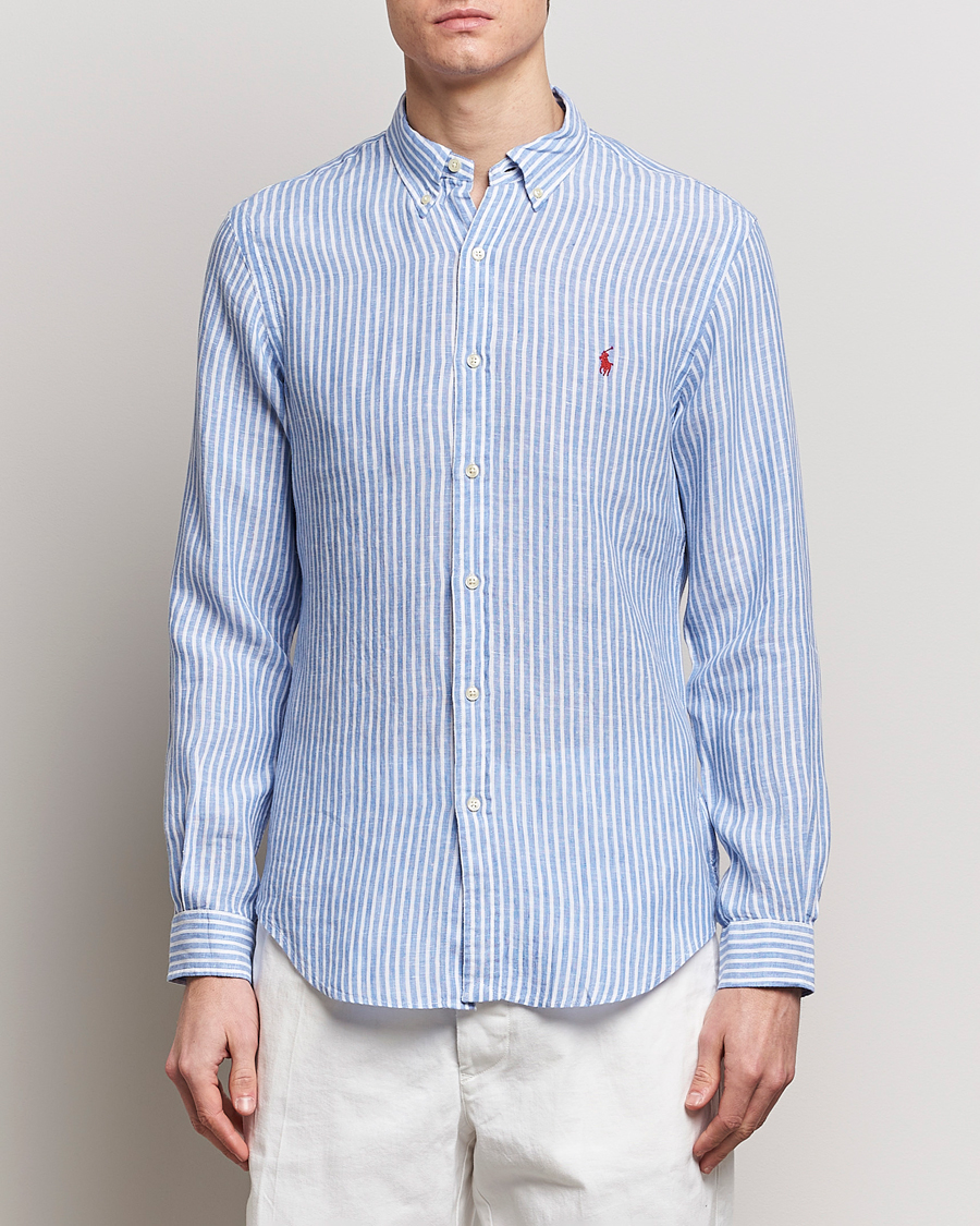 Herre |  | Polo Ralph Lauren | Slim Fit Striped Button Down Linen Shirt Blue/White