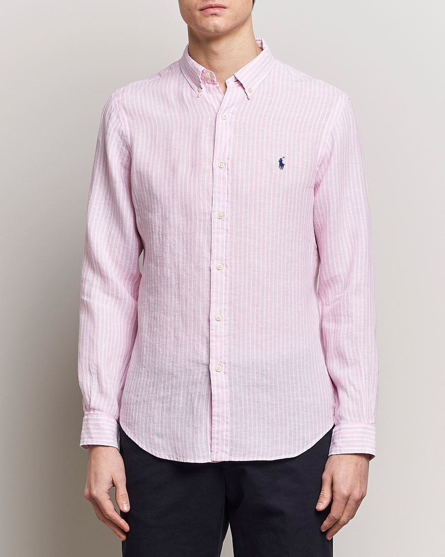 Herre | Hørskjorter | Polo Ralph Lauren | Slim Fit Striped Button Down Linen Shirt Pink/White