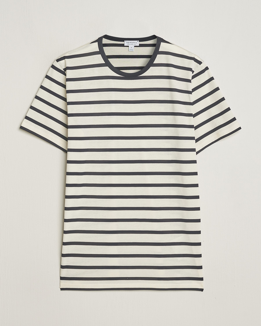 Herre | T-Shirts | Sunspel | Striped Crew Neck Cotton Tee Ecru/Navy