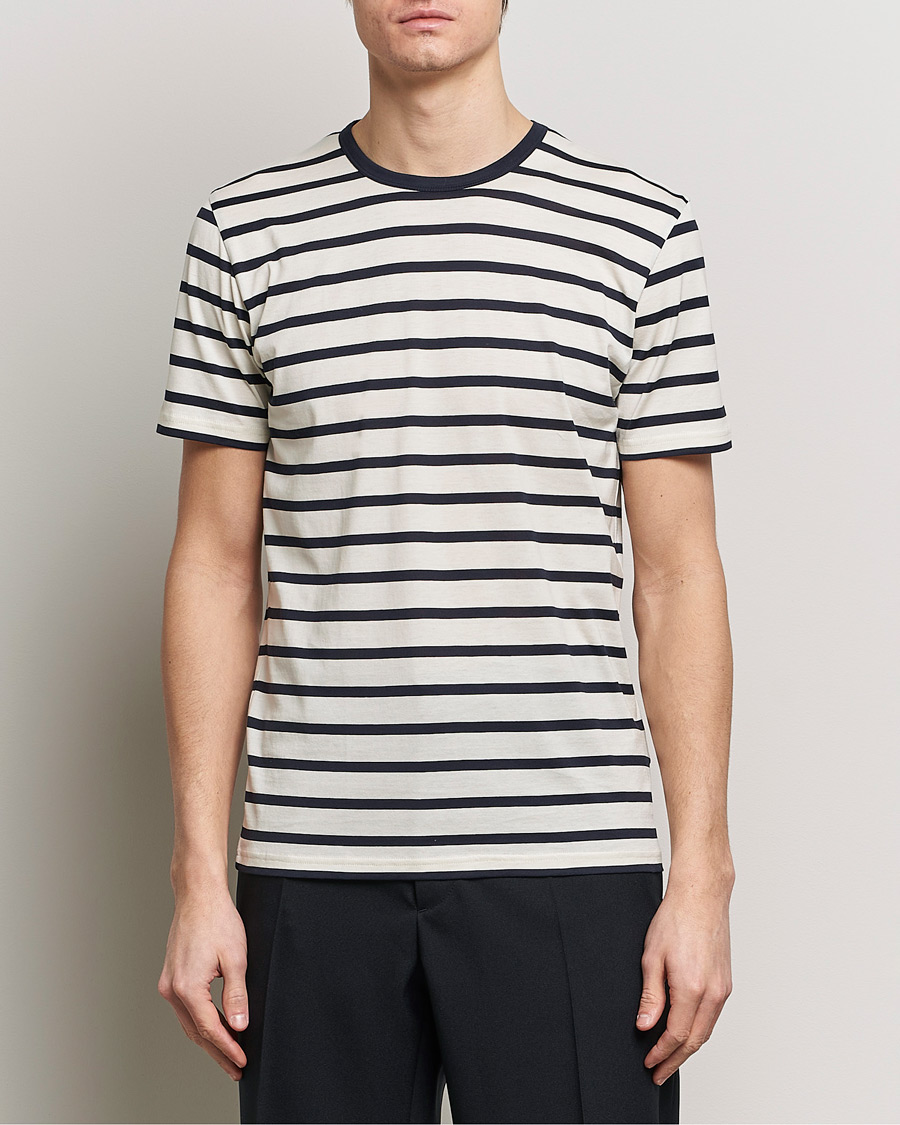 Herre | T-Shirts | Sunspel | Striped Crew Neck Cotton Tee Ecru/Navy