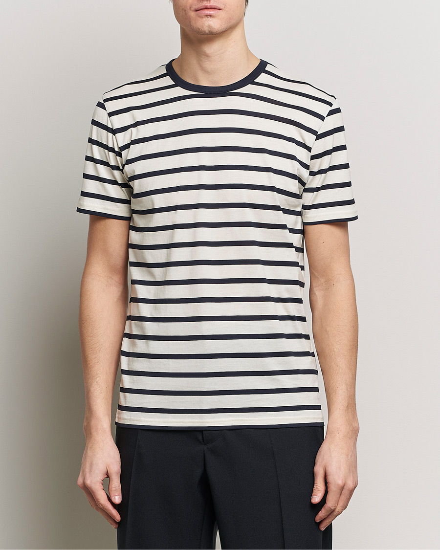 Herr |  | Sunspel | Striped Crew Neck Cotton Tee Ecru/Navy