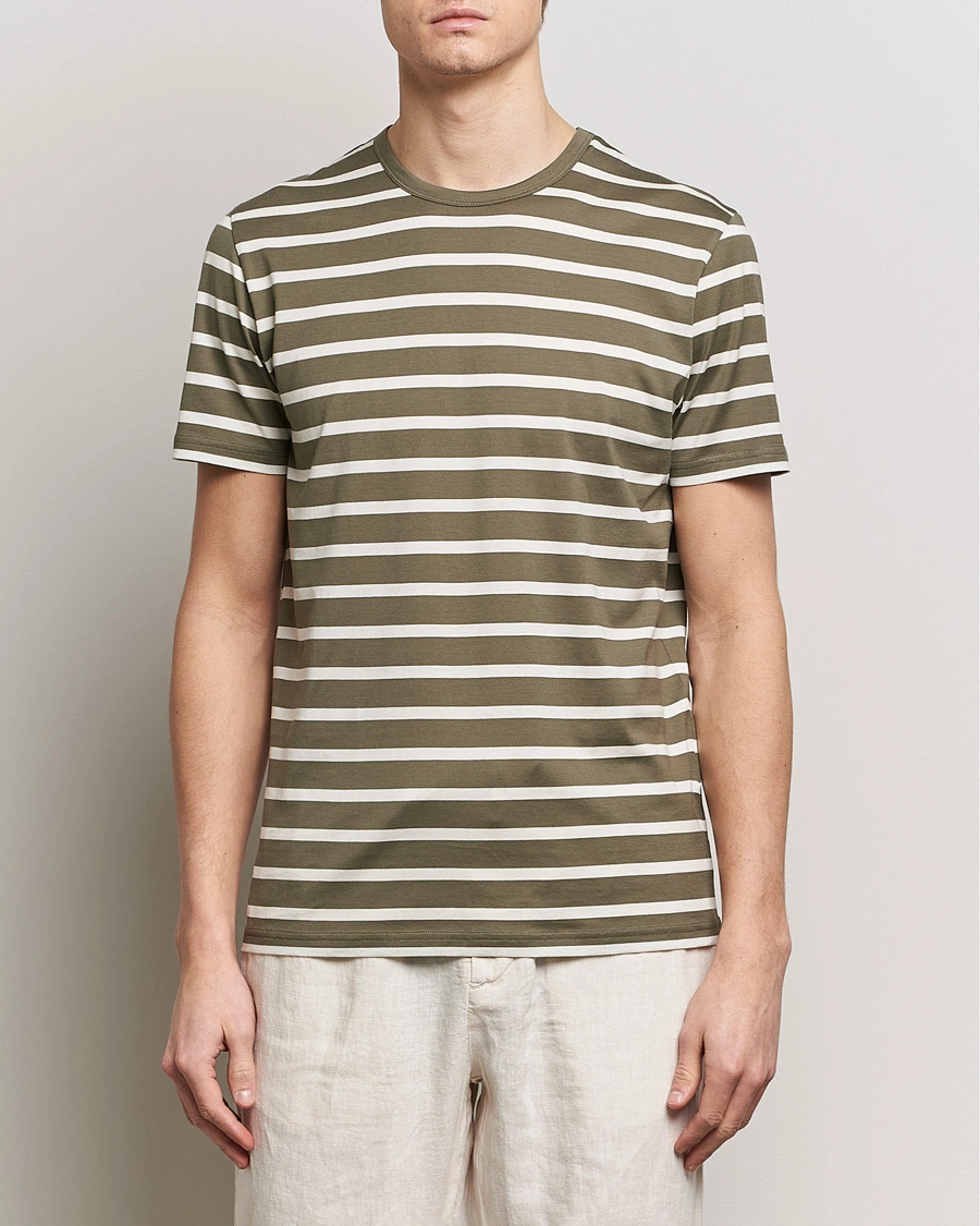 Herre | T-Shirts | Sunspel | Striped Crew Neck Cotton Tee Khaki