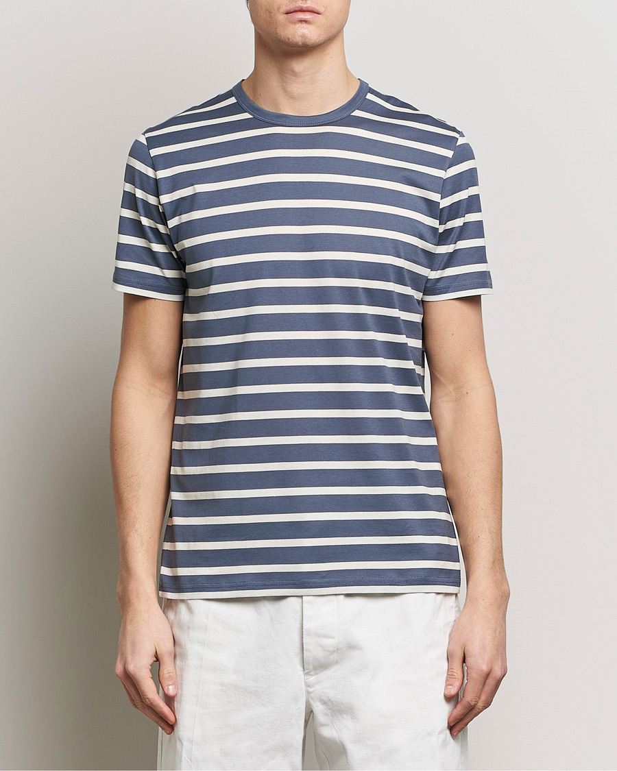 Herre |  | Sunspel | Striped Crew Neck Cotton Tee Slate Blue