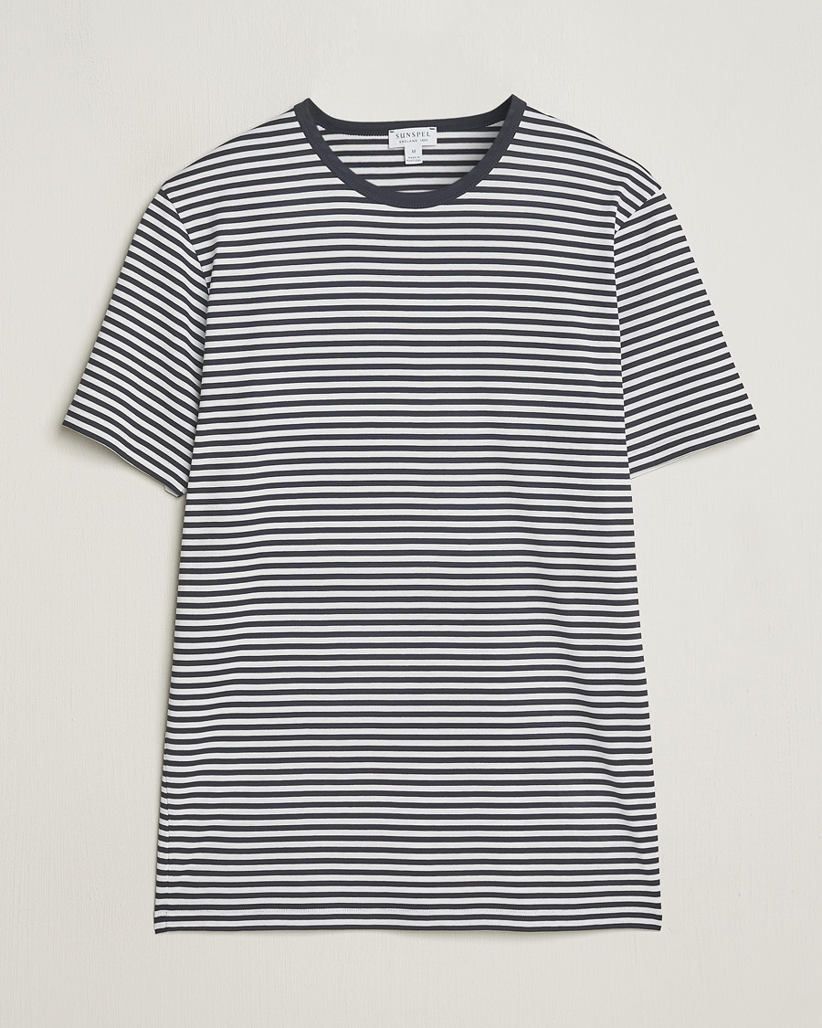 Herre | T-Shirts | Sunspel | Striped Crew Neck Q82 Cotton T-Shirt White/Navy