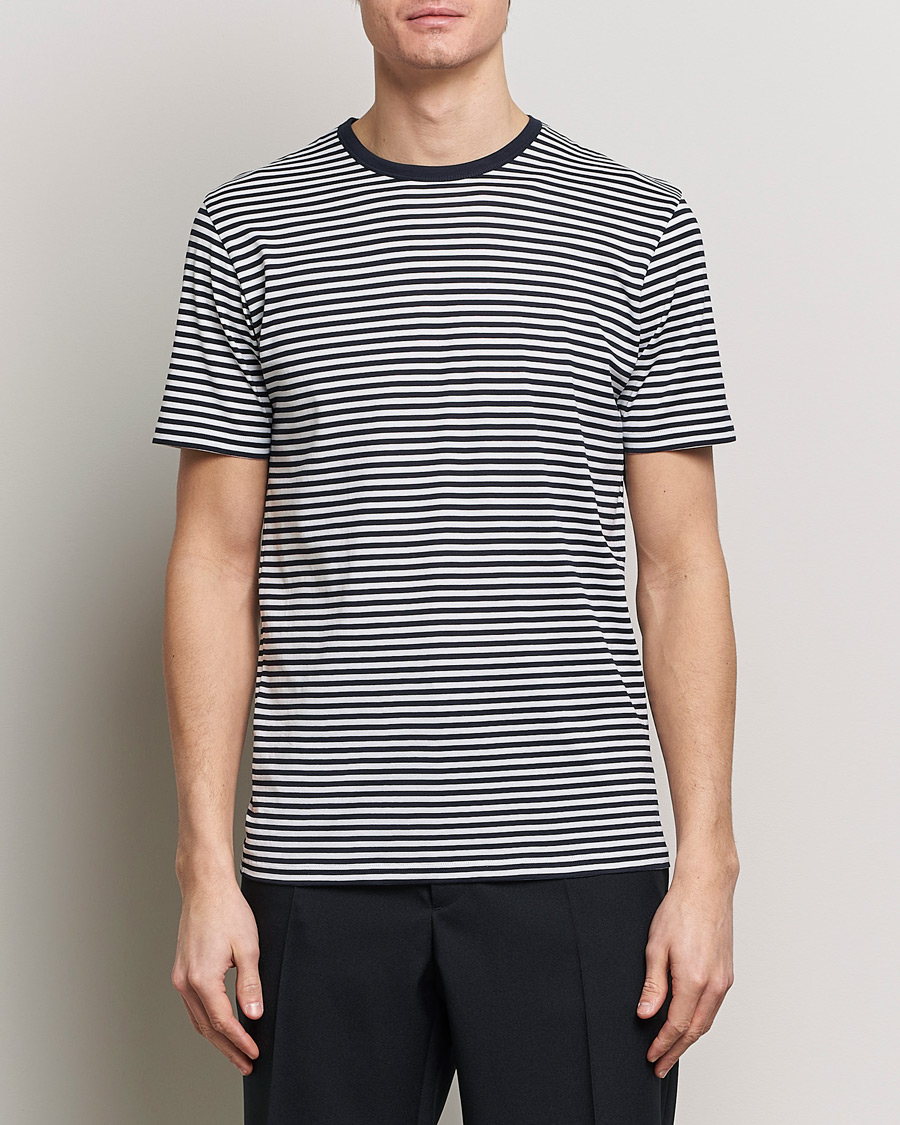 Herre | Tøj | Sunspel | Striped Crew Neck Cotton Tee White/Navy