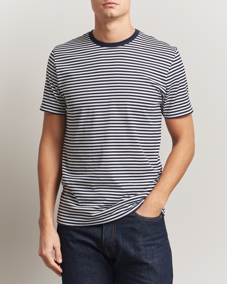Herre | T-Shirts | Sunspel | Striped Crew Neck Q82 Cotton T-Shirt White/Navy