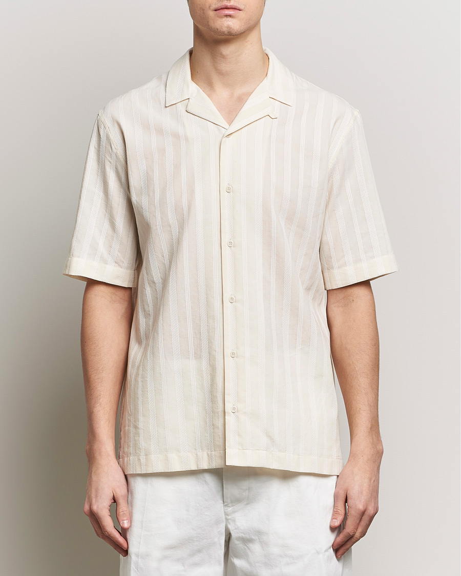 Herre | Tøj | Sunspel | Embroidered Striped Short Sleeve Shirt Ecru