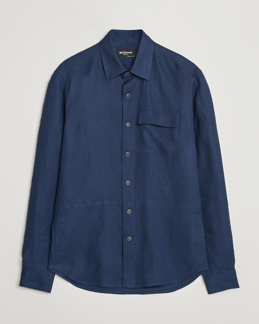 Herre | Skjorter | Kiton | Pure Linen Overshirt Dark Blue