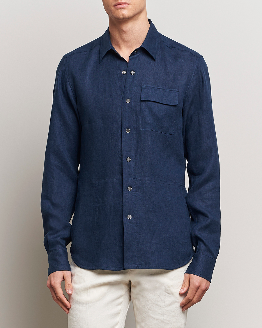 Herre |  | Kiton | Pure Linen Overshirt Dark Blue