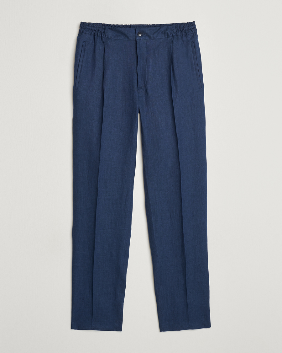Herre | Bukser | Kiton | Pure Linen Drawstring Trousers Dark Blue