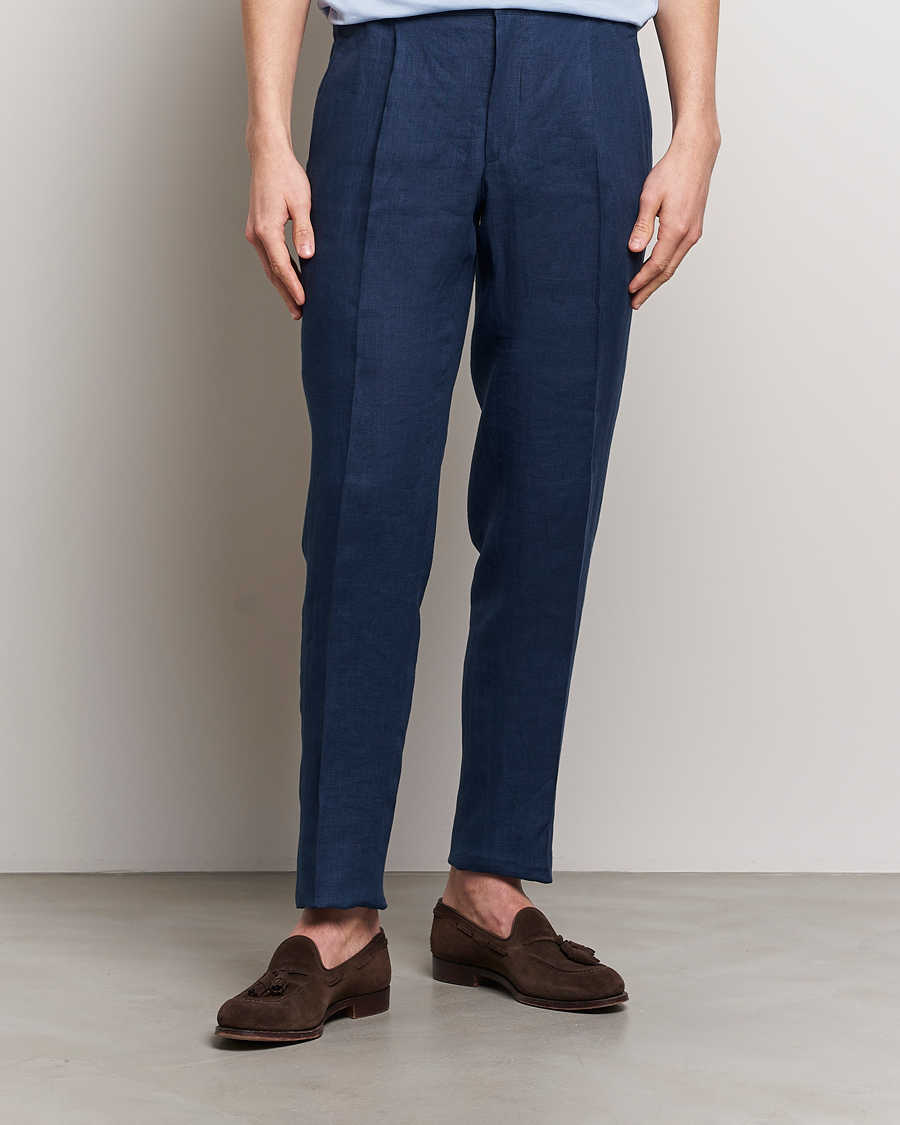 Herre | Afdelinger | Kiton | Pure Linen Drawstring Trousers Dark Blue