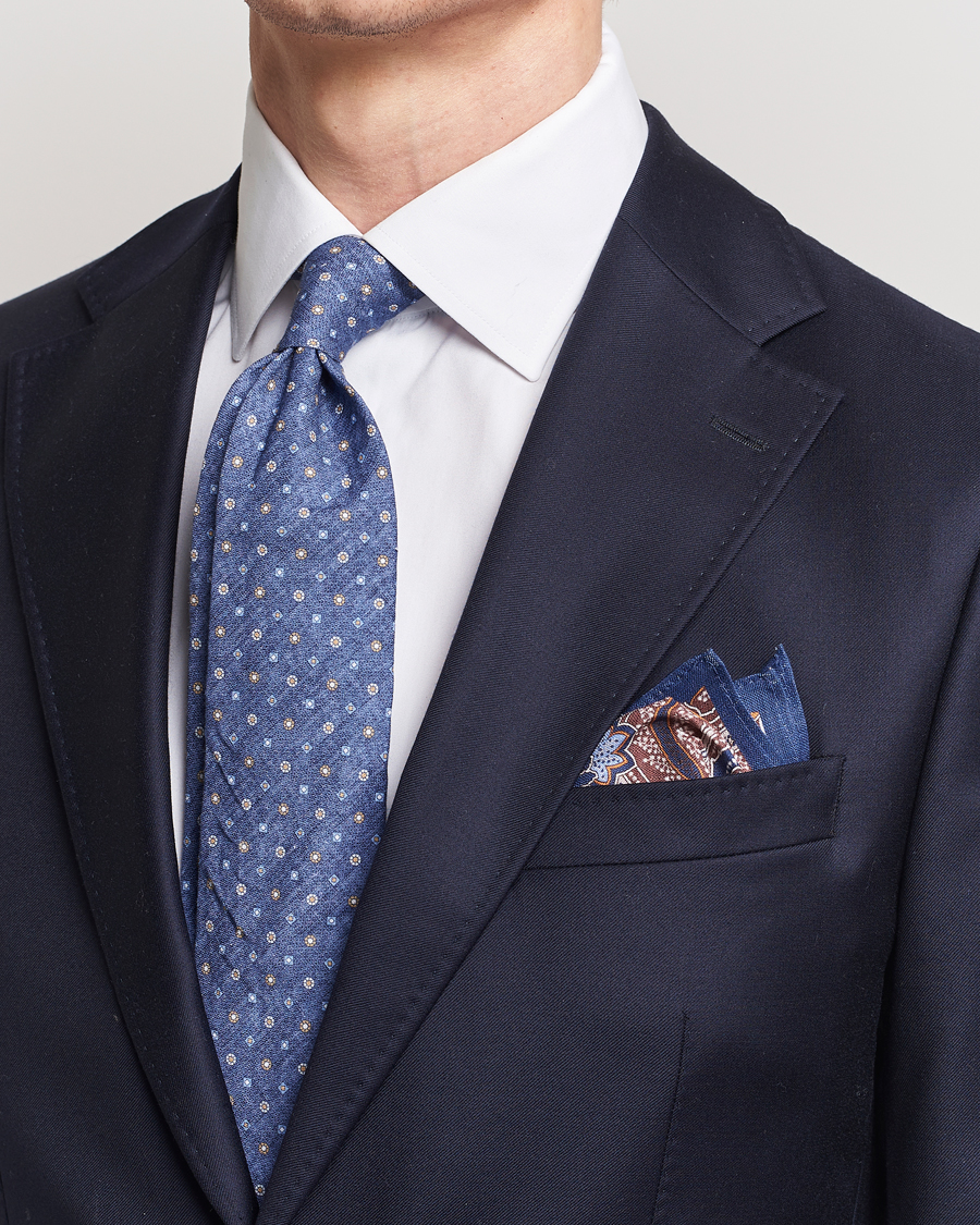 Men | Ties | Amanda Christensen | Box Set Printed Linen 8cm Tie With Pocket Square Navy