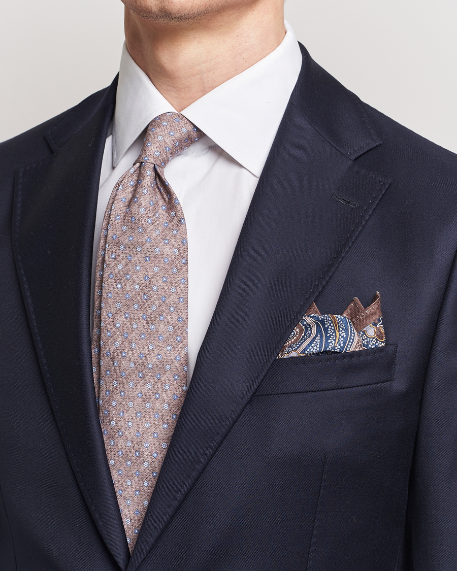 Herre | Business & Beyond | Amanda Christensen | Box Set Printed Linen 8cm Tie With Pocket Square Brown