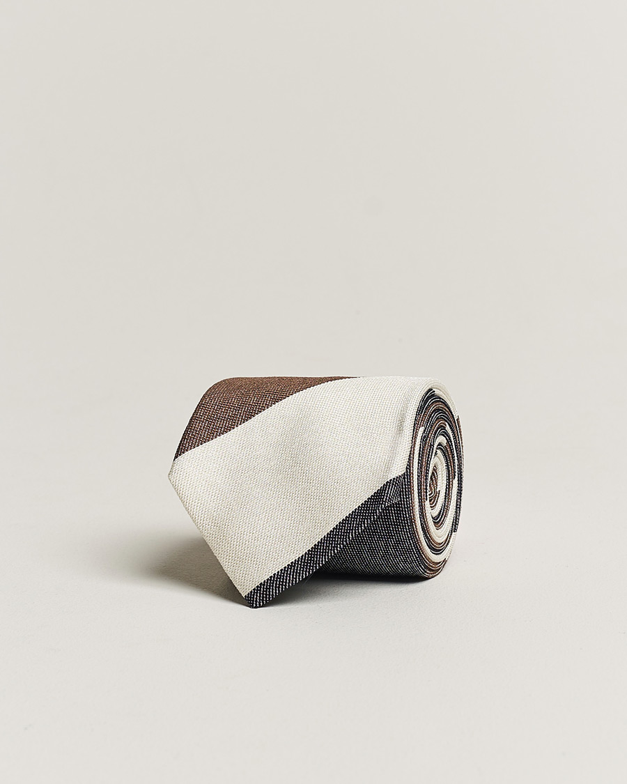 Herre |  | Amanda Christensen | Silk Bouclé Block Striped 8cm Tie White/Blue/Brown