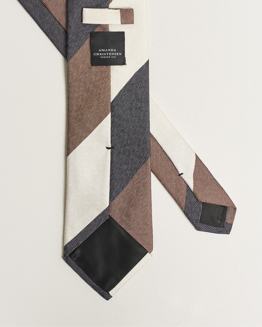 Herre | Amanda Christensen Silk Bouclé Block Striped 8cm Tie White/Blue/Brown | Amanda Christensen | Silk Bouclé Block Striped 8cm Tie White/Blue/Brown