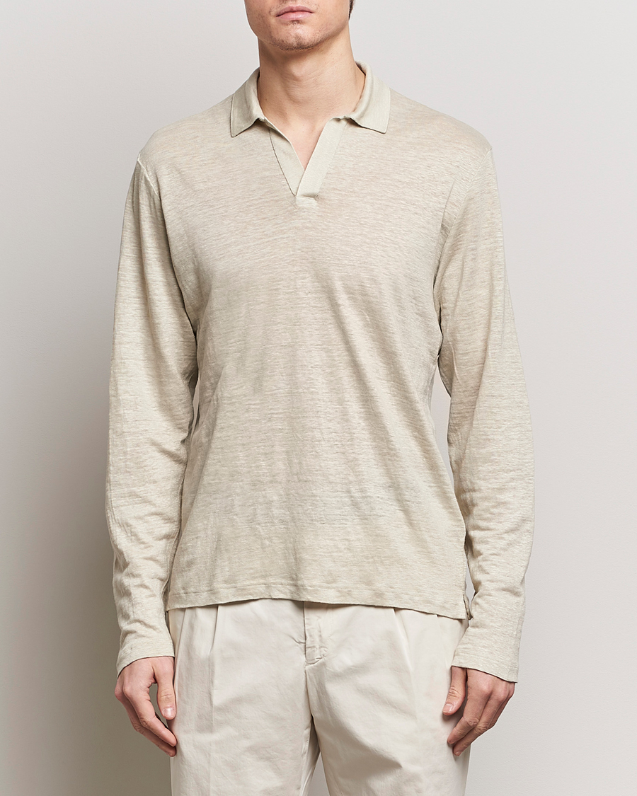 Herre | Afdelinger | Gran Sasso | Washed Linen Long Sleeve Polo Beige Melange