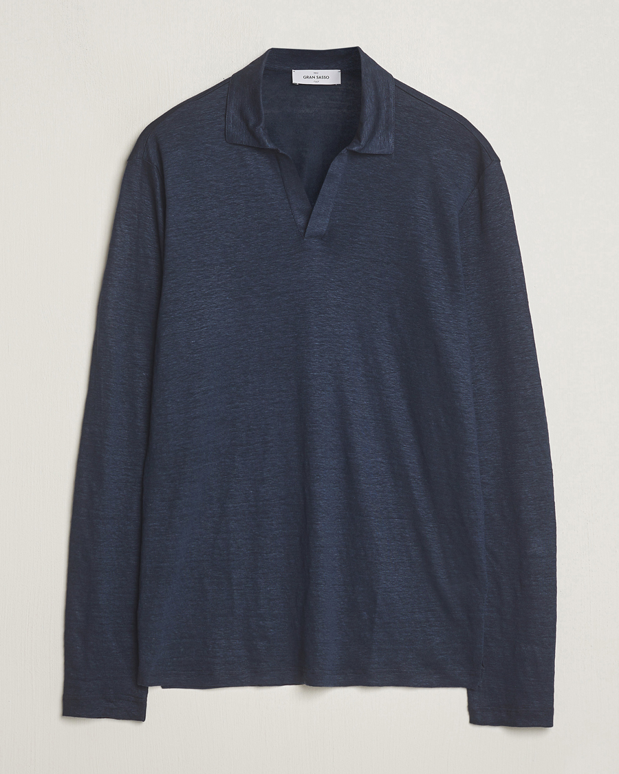 Herre | Trøjer | Gran Sasso | Washed Linen Long Sleeve Polo Navy