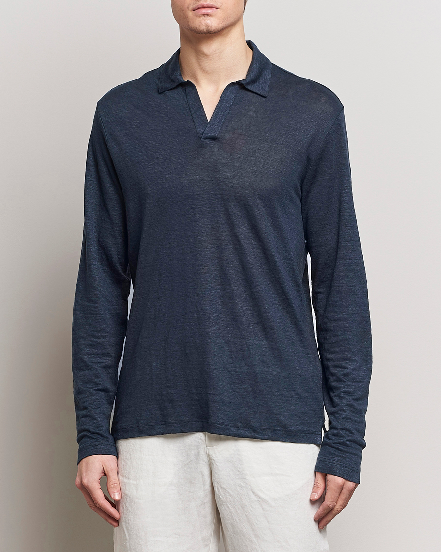 Herre | Afdelinger | Gran Sasso | Washed Linen Long Sleeve Polo Navy