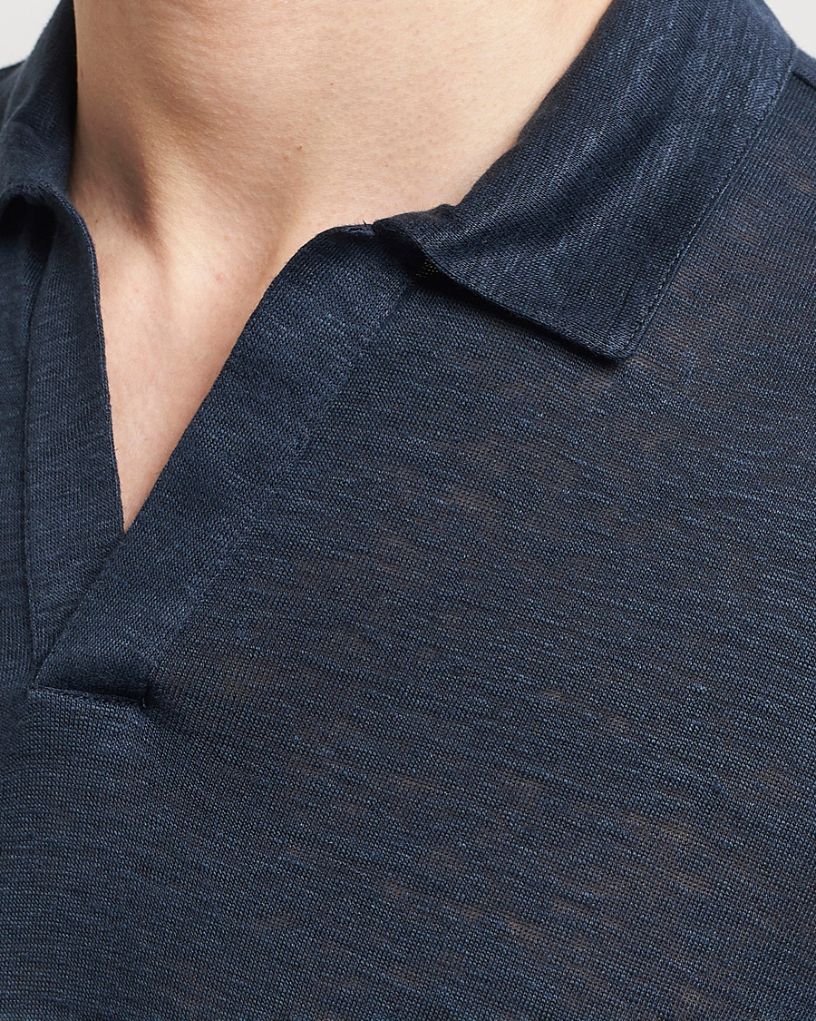 Herre | Trøjer | Gran Sasso | Washed Linen Long Sleeve Polo Navy