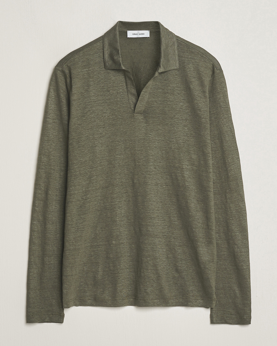 Herre | Trøjer | Gran Sasso | Washed Linen Long Sleeve Polo Dark Green Melange